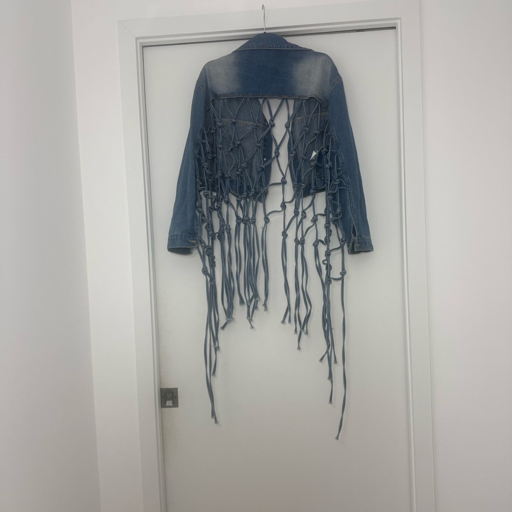 Cropped Denim Fringe Jean Jacket Back Hollow Out Knotted Tassel Distressed XXL - Picture 11 of 14